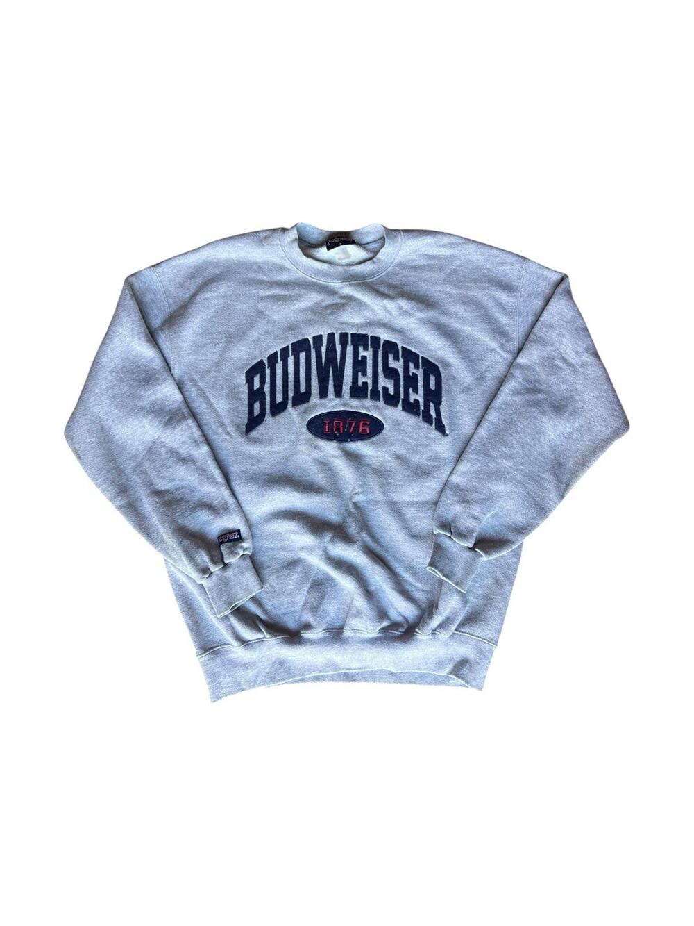 Vintage Jansport Budweiser Crewneck Sweater Mens L Gray Blue Made in USA